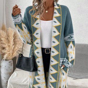 Blue Preppy Womens Geo Pattern Dual Pocket Drop Shoulder Open Front Cardigan